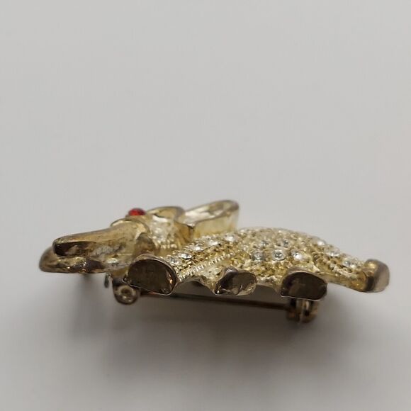 Vintage Rhinestone Elephant Brooch AD 2001 Red Eye Gold Tone Trunk Up Tusk Pin - Picture 6 of 11